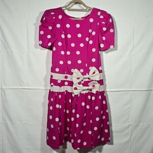 Vintage Sunshine Starshine Polka Dot Dress Women Size 10 Pink White Puffy Sleeve